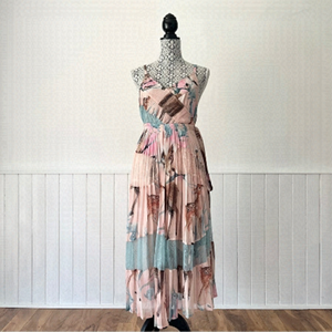 Pastel Chiffon Lace Patchwork Pleated Wrap Dress Size L